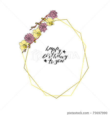 Hand drawn doodle style succulent and orchid flowers wreath with polygonal garland, vintage geometric frame, floral design element. Hand drawn doodle style succulent and orchid flowers wreath with polygonal garland, vintage geometric frame, floral design element. 75697990