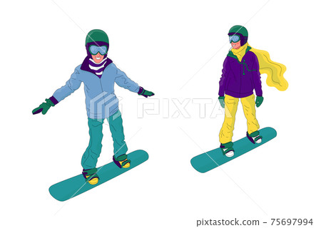 Couple of young people, man and woman, are snowboarding. Couple of young people, man and woman, are snowboarding. 75697994