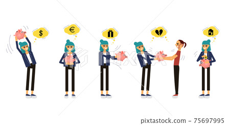 Collection of people holding cute piggy bank. Couple is arguing about money. Girl is thinking about buying a house. Collection of people holding cute piggy bank. Couple is arguing about money. Girl is thinking about buying a house. 75697995