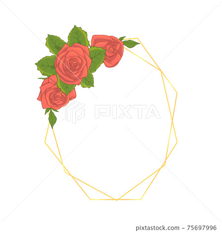 Oval polygonal golden line frame with hand drawn pink rose flowers bouquets. Greeting card template. Oval polygonal golden line frame with hand drawn pink rose flowers bouquets. Greeting card template. 75697996
