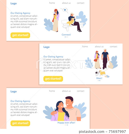 Dating agency landing page user interface design template set, happy couple meeting and falling in love. Dating agency landing page user interface design template set, happy couple meeting and falling in love. 75697997