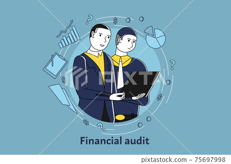 Group of business people making digital financial audit of company, man holding computer and showing on screen, vector. Group of business people making digital financial audit of company, man holding computer and showing on screen, vector. 75697998