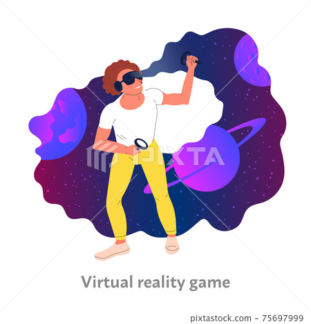 Man is playing virtual reality video game. Space environment in gameplay. Isolated on white background. Flat style vector illustration 75697999