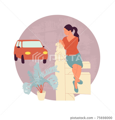 Female character in casual outfit sitting on chinese fence with lion sculpture. Red car on background 75698000