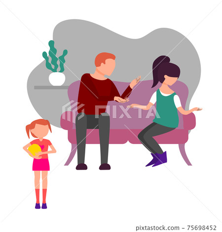 Caucasian couple of man and woman quarrel sitting on sofa. Little baby girl is witnessing father and mother fight Caucasian couple of man and woman quarrel sitting on sofa. Little baby girl is witnessing father and mother fight 75698452