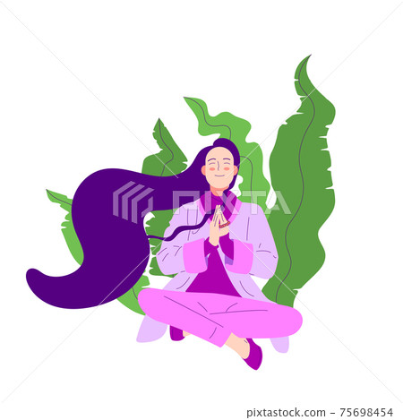 Flat style girl with long hair sitting crossed legged with prayer gesture 75698454