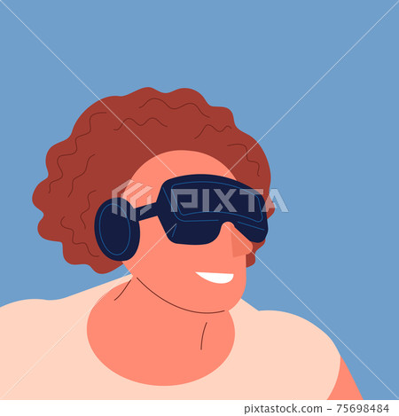 Smiling caucasian Man with red hair wearing virtual reality headset. Flat vector illustration Smiling caucasian Man with red hair wearing virtual reality headset. Flat vector illustration 75698484