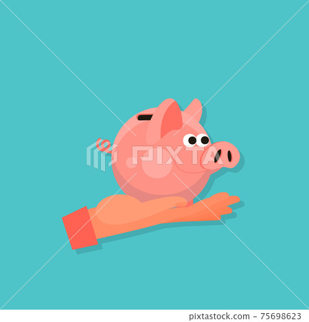 Caucasian human hand holding pink piggy bank on palm. Blue background. Flat style stock vector illustration 75698623