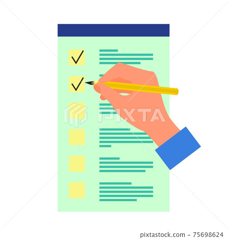 Caucasian human hand holding yellow pencil and checking the box in to do list. Isolated on white background. Flat style stock vector illustration Caucasian human hand holding yellow pencil and checking the box in to do list. Isolated on white background. Flat style stock vector illustration 75698624