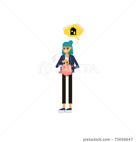 Girl is holding cute piggy bank and putting bitcoin inside. 75698647