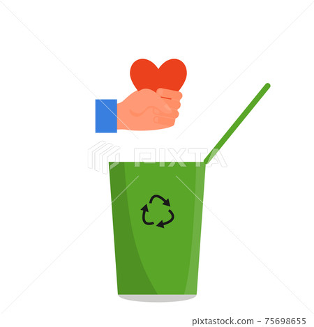 Caucasian human hand holding red heart in fist over the green trash can. Concept of divorce, tough business, cruelty, callousness, lack of empathy. Isolated on white background. Flat style vector Caucasian human hand holding red heart in fist over the green trash can. Concept of divorce, tough business, cruelty, callousness, lack of empathy. Isolated on white background. Flat style vector 75698655