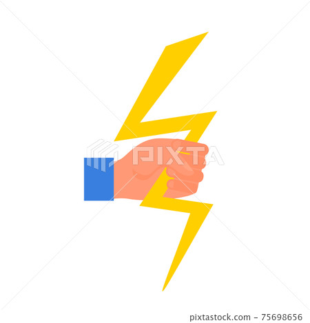 Caucasian human hand holding yellow thunderbolt in fist. Concept of energy and stregth. Isolated on white background. Flat style stock vector illustration Caucasian human hand holding yellow thunderbolt in fist. Concept of energy and stregth. Isolated on white background. Flat style stock vector illustration 75698656