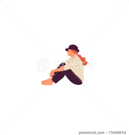 Female character in casual outfit sitting on the ground. Isolated on white. Flat style colorful cartoon stock vector Female character in casual outfit sitting on the ground. Isolated on white. Flat style colorful cartoon stock vector 75698658