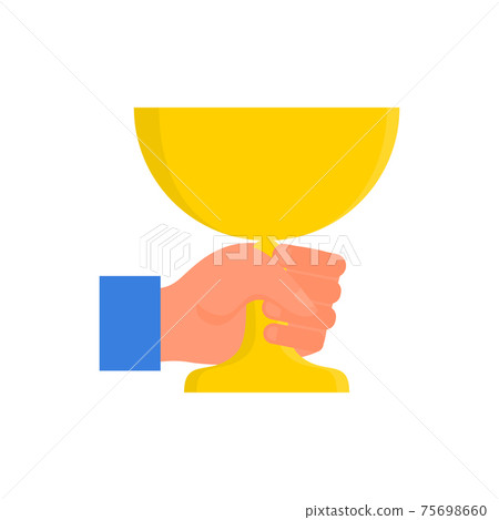 Caucasian human hand holding yellow golden cup in fist. Concept of success. Isolated on white background. Flat style stock vector illustration Caucasian human hand holding yellow golden cup in fist. Concept of success. Isolated on white background. Flat style stock vector illustration 75698660