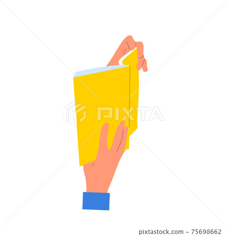 Caucasian human hand holding yellow paper book. Isolated on white background. Flat style stock vector illustration Caucasian human hand holding yellow paper book. Isolated on white background. Flat style stock vector illustration 75698662