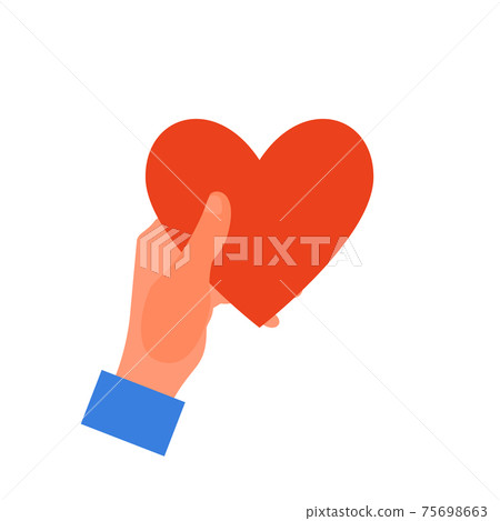 Caucasian human hand holding red heart. Isolated on white background. Flat style stock vector illustration Caucasian human hand holding red heart. Isolated on white background. Flat style stock vector illustration 75698663