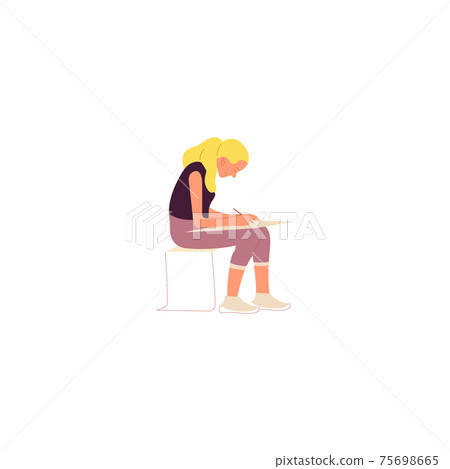 Female character in casual outfit sitting and drawing at open air. Artist painting outdoors.  75698665