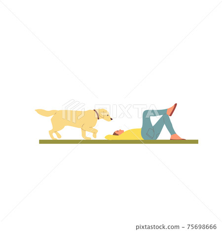Girl is lying on grass with labrador golden retriever. Isolated on white background. Flat style cartoon stock vector Girl is lying on grass with labrador golden retriever. Isolated on white background. Flat style cartoon stock vector 75698666