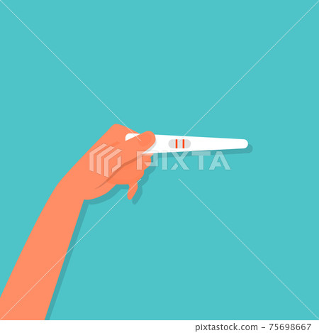 Hand of caucasian woman holding pregnancy test with positive result. Blue background. Flat style stock vector. 75698667