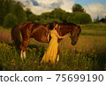 Beautiful woman with long hair in yellow dress standing near brown horse in among purple flowers in green field 75699190
