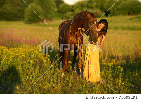 Beautiful woman with long hair in yellow dress standing near brown horse in among purple flowers in green field 75699191