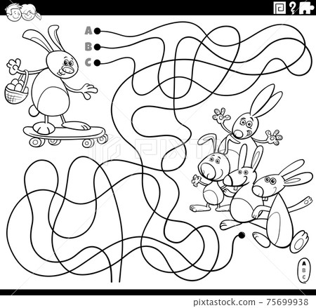 maze with cartoon Easter Bunny on skateboard coloring book page maze with cartoon Easter Bunny on skateboard coloring book page 75699938