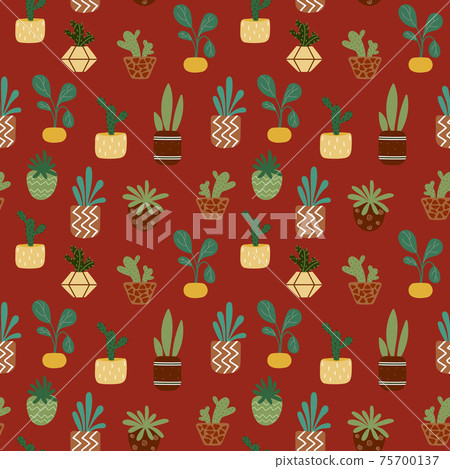 Home potted plants seamless pattern. Indoor flowers. Pattern in earthy and natural colors in boho style 75700137