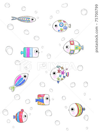Illustration of 9 colorful fish and bubbles 75700799