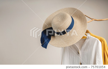 Clothes Concept. Women Wear Hanging on Dried Tree Branch. Shadow shading on the White Wall Clothes Concept. Women Wear Hanging on Dried Tree Branch. Shadow shading on the White Wall 75701054