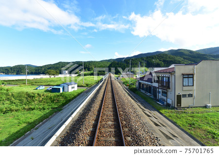 In the summer of 2020, a view of the train window from the Sanriku Railway Rias Line from Sakari Station to Kamaishi Station 75701765