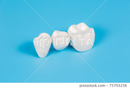 Plastic dental crowns, imitation of a dental prosthesis of a dental bridge 75703256