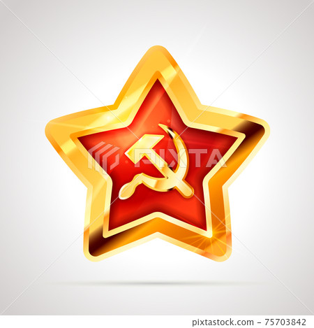 Star shaped bright glossy golden badge icon with soviet sickle and hammer, communist USSR symbol on white Star shaped bright glossy golden badge icon with soviet sickle and hammer, communist USSR symbol on white 75703842