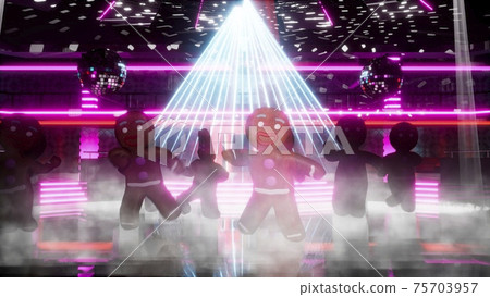 Happy gingerbread men are dancing at the New Year's night disco. The concept of the Christmas celebration. 3D Rendering. 75703957
