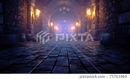 Scary endless medieval catacombs with torches. Mystical nightmare concept. 3D Rendering. 75703969