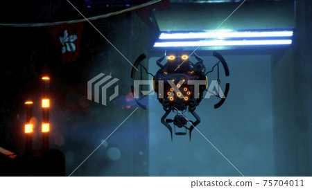 A police cyber drone flies through a deserted neon foggy street with lonely houses. View of an deserted cyber neon street. 3D Rendering. 75704011