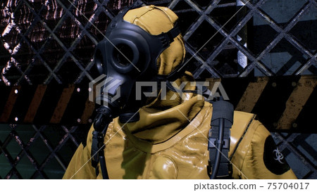 A nuclear physicist sits on a neon street and checks the surrounding radiation with a dosimeter. Post-apocalyptic world concept. 3D Rendering. 75704017