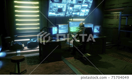 Futuristic Hacker Den with Computers and Gadgets Stock