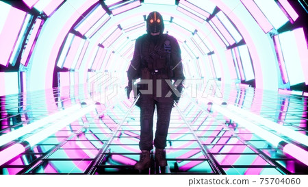A surviving stalker walks through a glowing neon tunnel. 3D Rendering. A surviving stalker walks through a glowing neon tunnel. 3D Rendering. 75704060