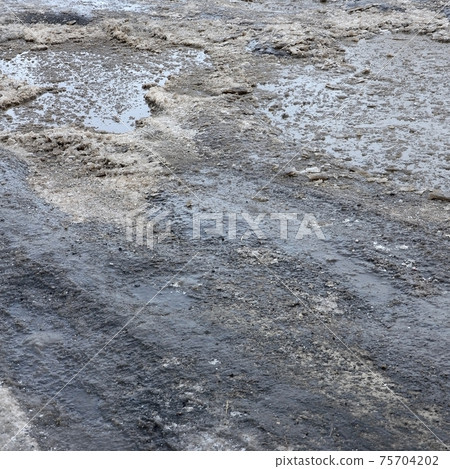 Damaged asphalt road with potholes caused by freezing and thawing cycles during the winter. Poor road Damaged asphalt road with potholes caused by freezing and thawing cycles during the winter. Poor road 75704202