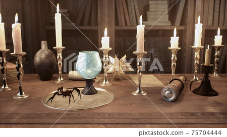 A skull and a manuscript with spells lie on the ancient table of the alchemist. 3D Rendering. A skull and a manuscript with spells lie on the ancient table of the alchemist. 3D Rendering. 75704444