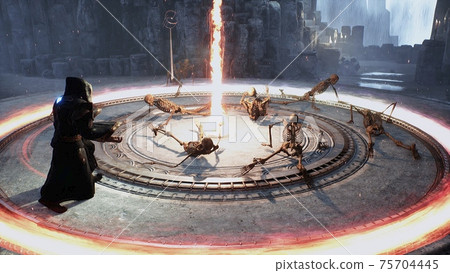 The wizard revives old skeletons using ancient dark magic. 3D Rendering. The wizard revives old skeletons using ancient dark magic. 3D Rendering. 75704445