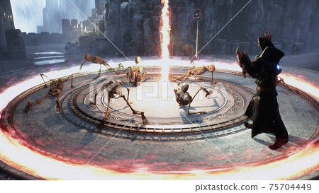 The wizard revives old skeletons using ancient dark magic. 3D Rendering. 75704449