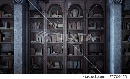 An ancient medieval library with old books and cobweb-covered bookshelves. 3D Rendering. An ancient medieval library with old books and cobweb-covered bookshelves. 3D Rendering. 75704453