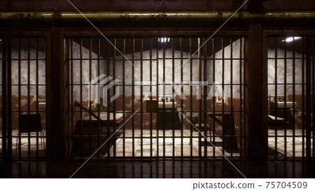 An old prison with empty closed cells. View of an ancient prison. 3D Rendering. An old prison with empty closed cells. View of an ancient prison. 3D Rendering. 75704509