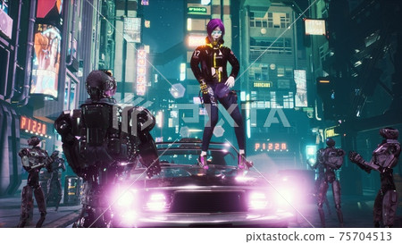 A girl dances hip-hop in a futuristic car, surrounded by android robots on the street of a night city. View of an fiction city. 3D Rendering. A girl dances hip-hop in a futuristic car, surrounded by android robots on the street of a night city. View of an fiction city. 3D Rendering. 75704513