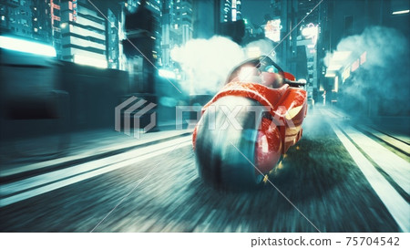 The girl from the cyber city at a huge speed rides futuristic motorcycle along the night street. View of an future fiction city. 3D Rendering. The girl from the cyber city at a huge speed rides futuristic motorcycle along the night street. View of an future fiction city. 3D Rendering. 75704542