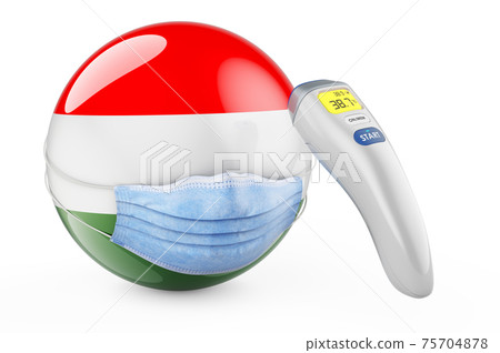 Hungarian flag with medical mask and infrared electronic thermometer. Pandemic in Hungary concept, 3D rendering 75704878