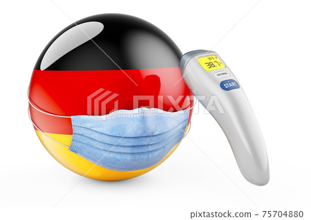 German flag with medical mask and infrared electronic thermometer. Pandemic in Germany concept, 3D rendering 75704880