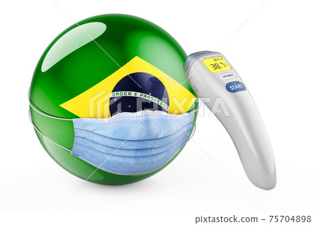 Brazilian flag with medical mask and infrared electronic thermometer. Pandemic in Brazil concept, 3D rendering 75704898