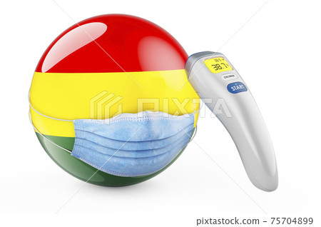 Bolivian flag with medical mask and infrared electronic thermometer. Pandemic in Bolivia concept, 3D rendering 75704899